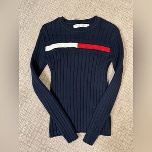 Tommy Hilfiger Women's 2000’s Navy Sweater with Red and White Accents